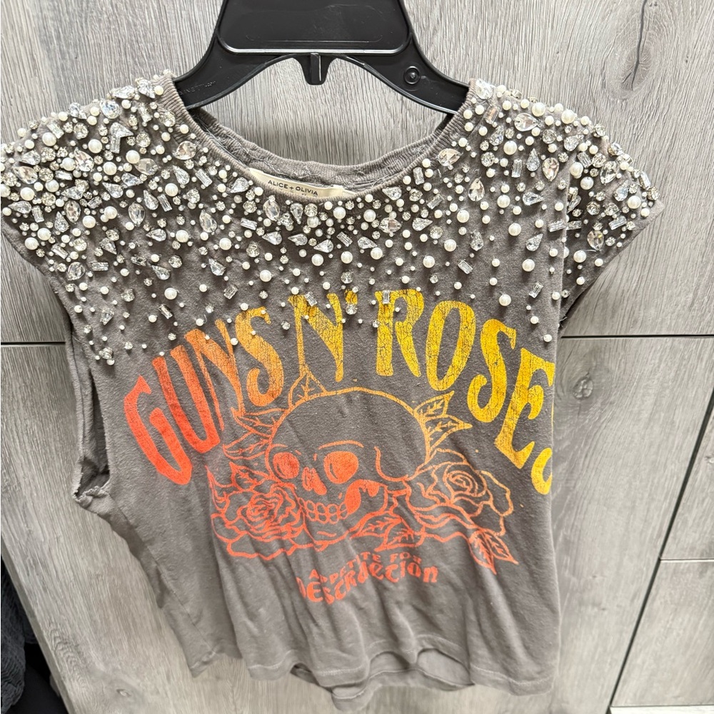 Alice + Olivia Gray Graphic Muscle Tee with Embellishments